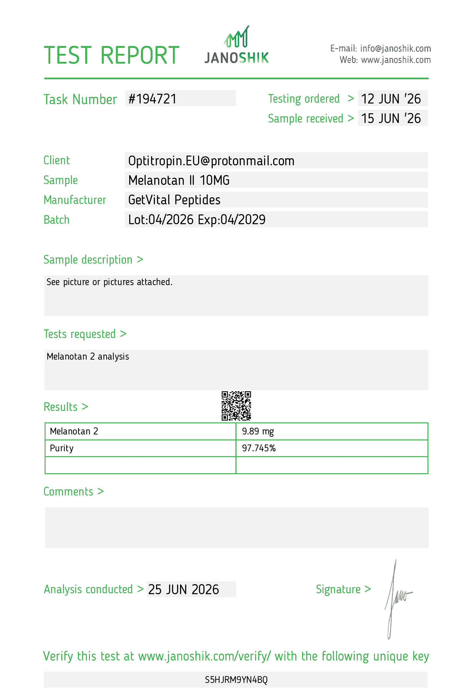 Melanotan 2 10 mg labtest ā 97,745% zuiverheid ā Get Vital Peptides