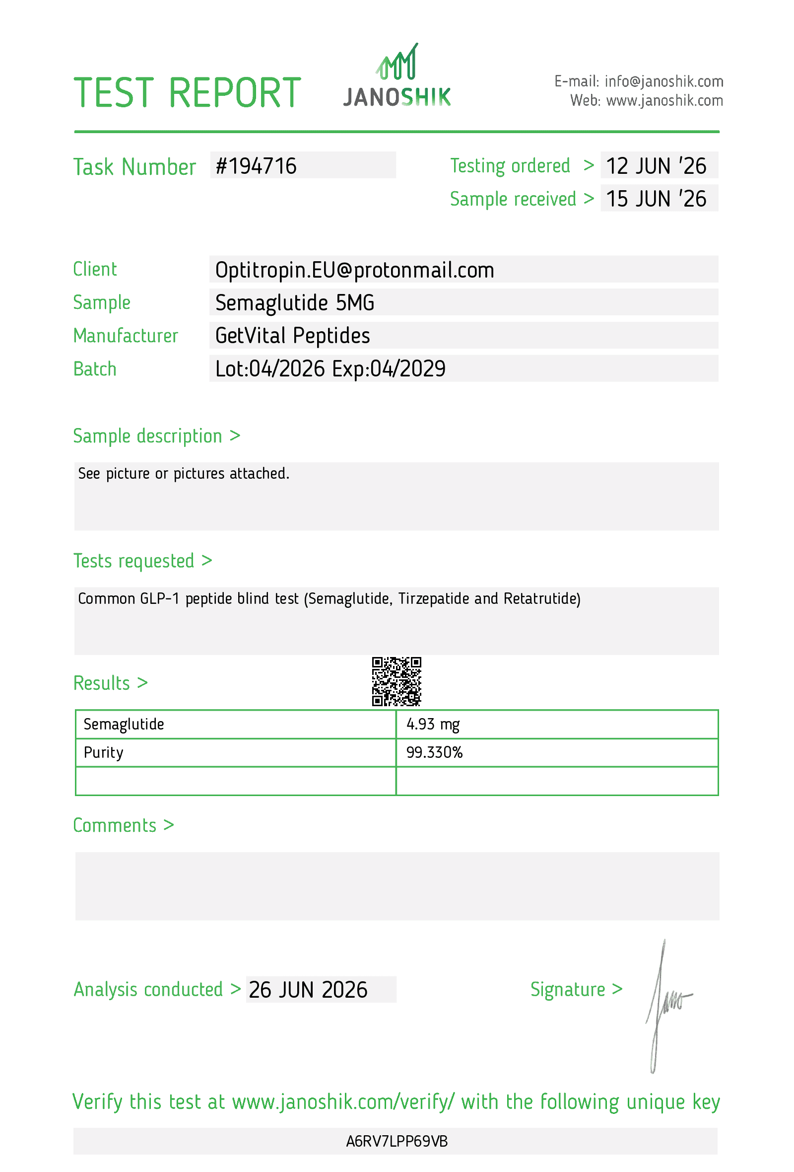 Semaglutide 5 mg labtest ā 99,330% zuiverheid ā Get Vital Peptides