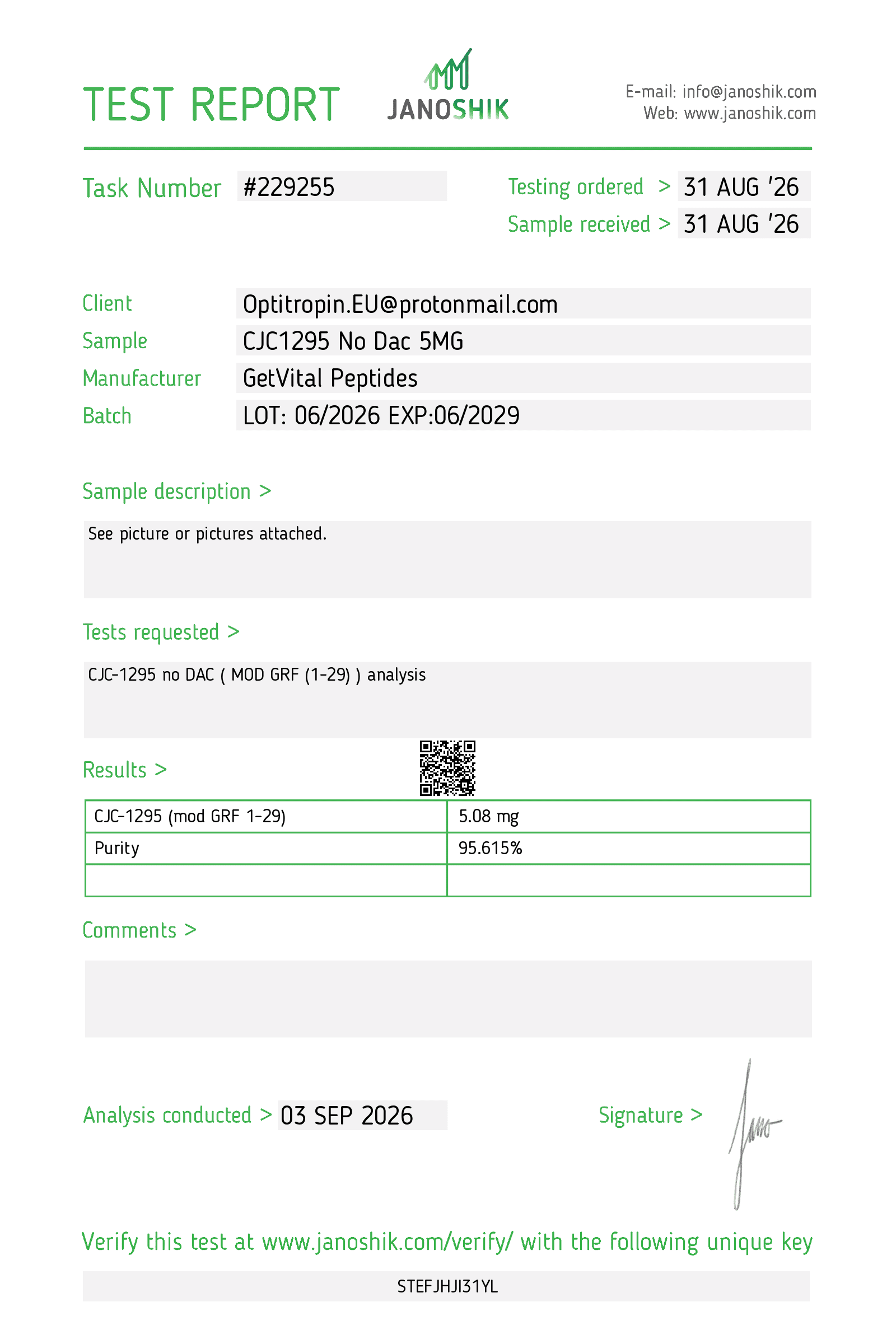 Janoshik test report CJC-1295 No DAC 5mg Get Vital ā onafhankelijk labresultaat